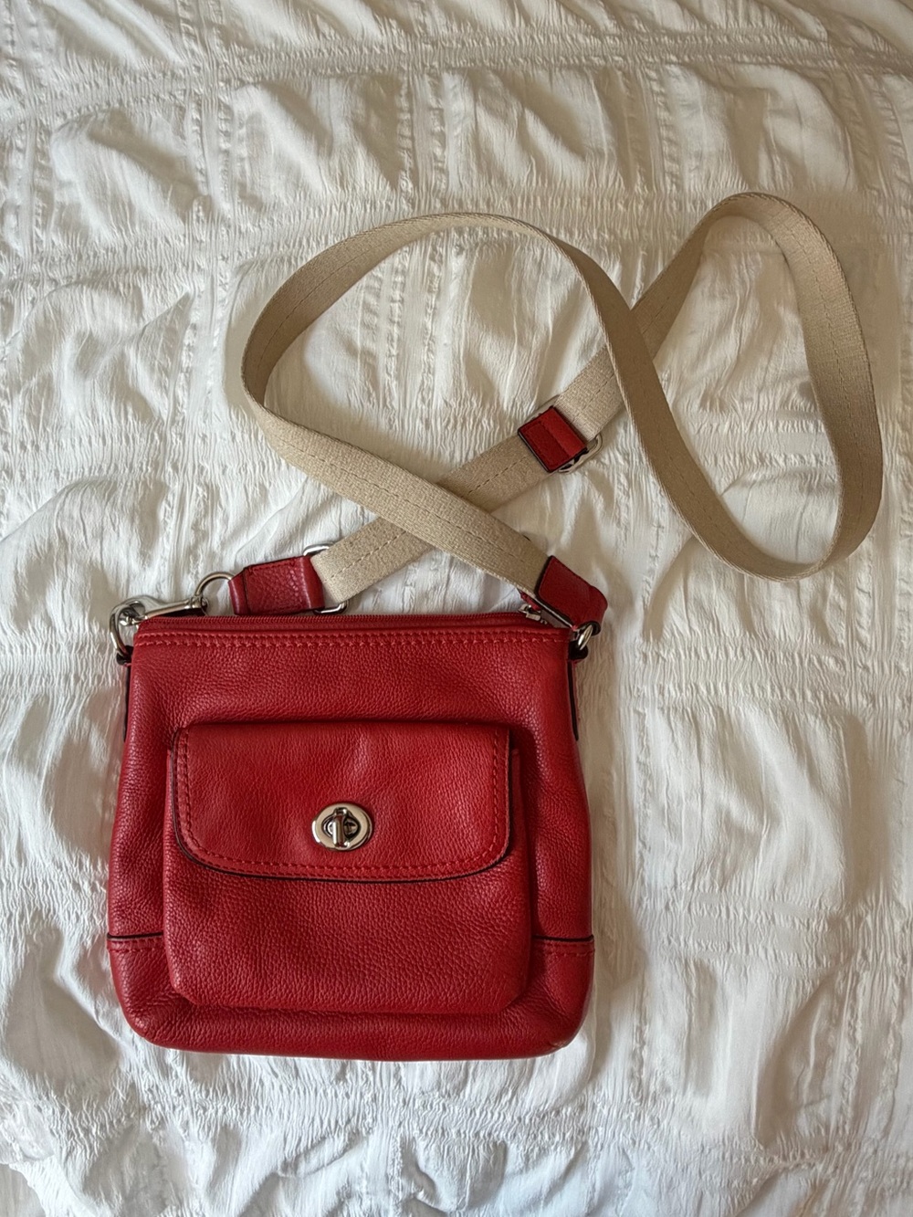 Coach Red Leather Crossbody with Cream Canvas Strap!